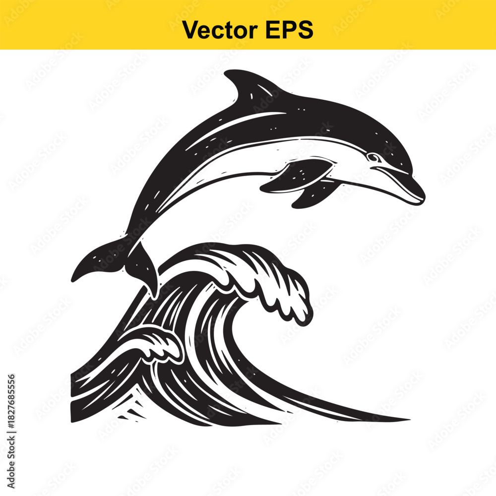 Naklejka premium Black and white vector illustration of a dolphin jumping over a stylized ocean wave