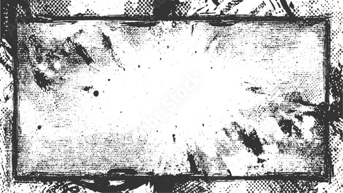Black and white textured rectangular frame with distressed grunge overlay and halftone dots border