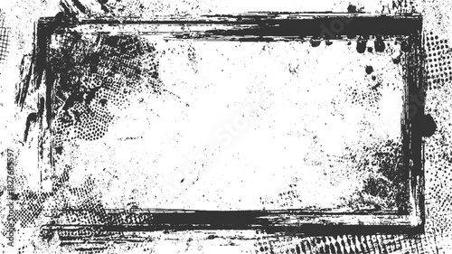 Black and white distressed grunge rectangular frame with textured edges and scattered dots border
