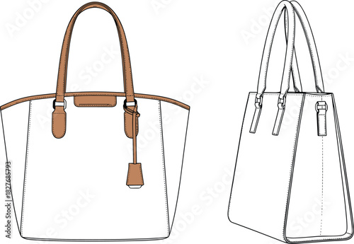 Ladies Handbag Fashion Flat Sketch, Tote Bag Technical Drawing Vector Template, Accessories Design Front and Side View, Mockup Illustration