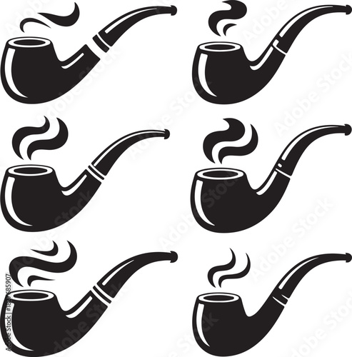 Collection of stylized smoking pipes with smoke on white background