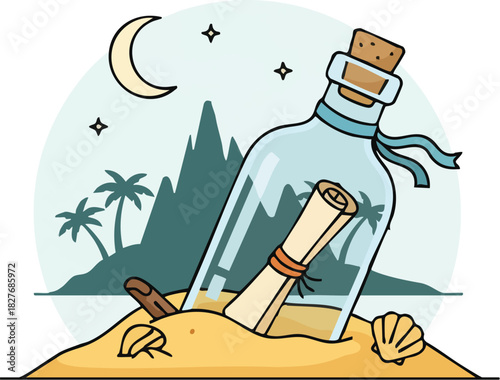 Message in a Bottle Washed Ashore on Tropical Deserted Island at Night