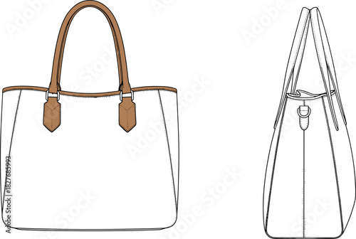 Ladies Tote Bag Fashion Flat Sketch, Handbag Technical Drawing Vector Template, Accessory Design Front and Side View, Leather Shopper.