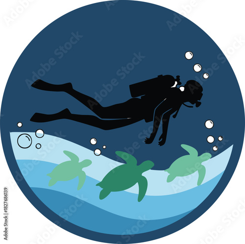 Scuba Diver Swimming Above Sea Turtles in Deep Blue Ocean Water Emblem