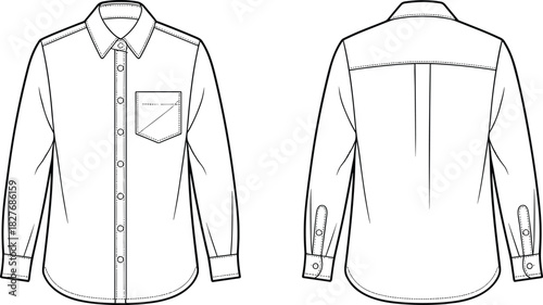 Long Sleeve Button Down Shirt Fashion Flat Sketch, Technical Drawing Vector Template, Menswear Apparel Design, Front and Back View