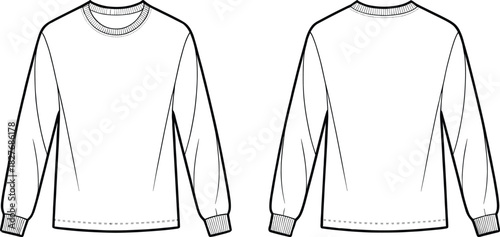 Long Sleeve T-Shirt Fashion Flat Sketch, Crew Neck Technical Drawing Vector Template, Apparel Design Front and Back View, Ribbed Cuff