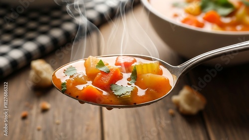 Fototapeta Naklejka Na Ścianę i Meble -  Delicious Vegetable Soup on a Spoon - A Warm and Healthy Meal.