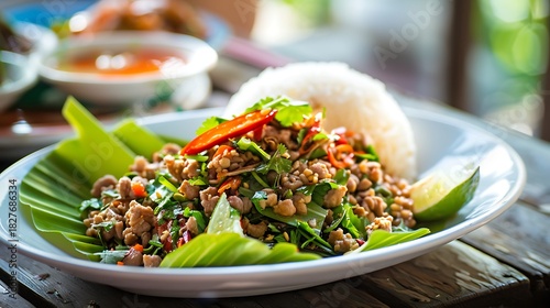 Fototapeta Naklejka Na Ścianę i Meble -  A plate of larb with rice and garnish on a wooden table ready to be served for a delicious meal