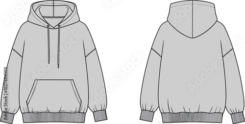 Oversized Hoodie Fashion Flat Sketch, Drop Shoulder Sweatshirt Technical Drawing, Vector Template, Streetwear Apparel Design Front and Back View