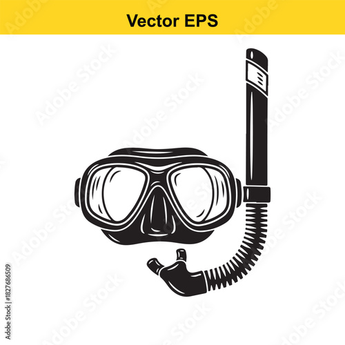 Black and white vector illustration of a diving mask and snorkel isolated on white background