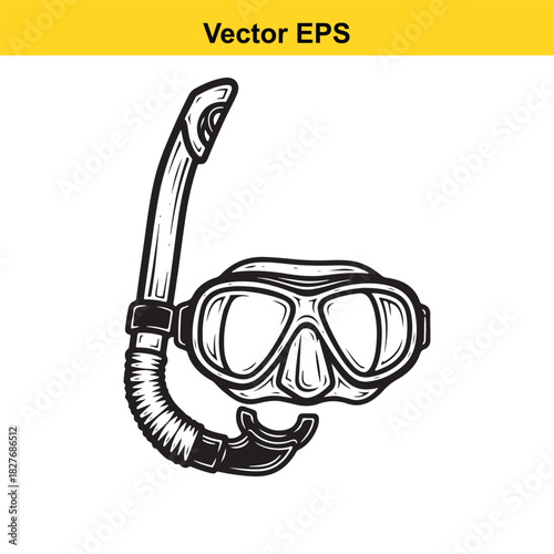 Black and white vector illustration of a diving mask and snorkel isolated on white background