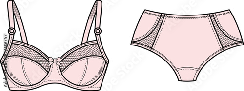 Pink Lingerie Set Fashion Flat Sketch, Bra and Panty Technical Drawing, Vector Template Mesh Detail, Intimate Apparel Design Front View