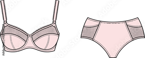 Pink Lingerie Set Fashion Flat Sketch, Bra and Panty Technical Drawing, Vector Template Mesh Detail,Front View