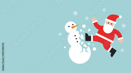 Funny Christmas card with copy space depicting a fight between Santa and a snowman