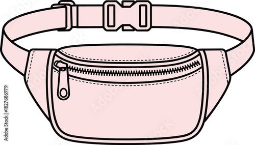 Pink Waist Bag Fashion Flat Sketch, Fanny Pack Vector Illustration, Belt Bag Technical Drawing, Travel Accessory Design Template, Zipper Pouch