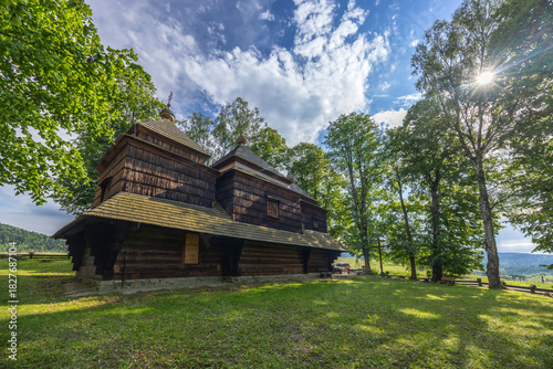 Historic wooden church in Lutowiska, Bieszczady mountains, Poland