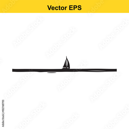 Simple black silhouette of a sailboat on a horizontal line isolated on white background