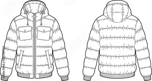 Puffer Jacket Fashion Flat Sketch, Quilted Down Coat Technical Drawing, Vector Template, Hooded Outerwear Design, Front and Back View