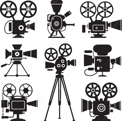 Collection of Vintage Movie Camera Icons Film Industry Vector Illustration