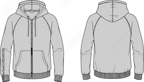 Zip-up Hoodie Fashion Flat Sketch, Raglan Sleeve Technical Drawing Vector Template, Unisex Apparel Design, Front and Back View, Sweatshirt Mockup
