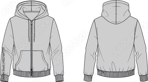 Zip-up Hoodie Fashion Flat Sketch, Set-in Sleeve Technical Drawing, Vector Template Front and Back View, Grey Sweatshirt Design Mockup
