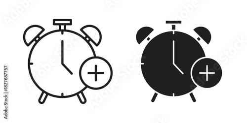 Alarm plus icons Concepts. black solid and line stroke designs for web and app use