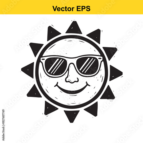 Doodle style happy sun wearing sunglasses isolated on white background