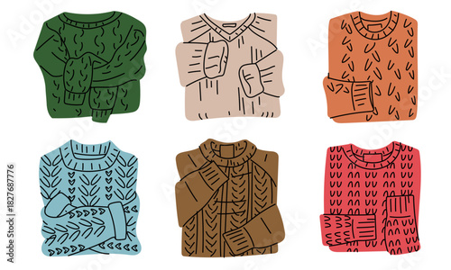 set of woolen folded knitted sweaters in various colors and textures. flat color illustration. Perfect for clothing store banners, seasonal fashion blogs, wardrobe organization guides, and promotions.