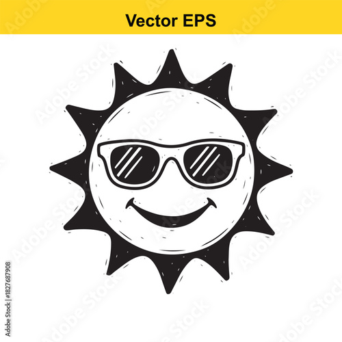 Doodle style happy sun wearing sunglasses illustration isolated on white background