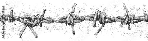 Black and white illustration of barbed wire fence detail on textured background metal steel
