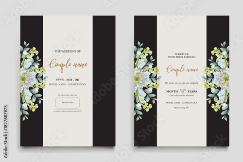 WEDDING INVITATION FRAME WITH FLOWER DECORATIONS AND FRESH LEAVES