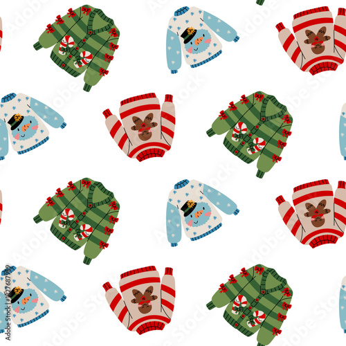 Seamless flat pattern of colorful ugly Christmas sweaters. snowman, sugar cane, gingerbread man. Decorative background with holiday motifs for holiday printing on textiles or gift wrapping paper