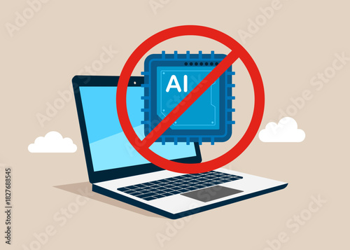 Digital safety and technology restriction. Laptop without AI. Protest against artificial intelligence technology. Vector  flat illustration