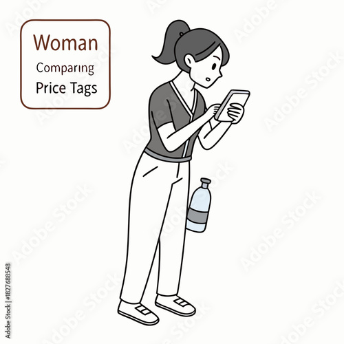 Woman looking at a tablet and comparing price tags with a water bottle Keywords: woman, female, person, shopping, retail, consumer, price comparison, tablet, technology, mobile device, smartphone