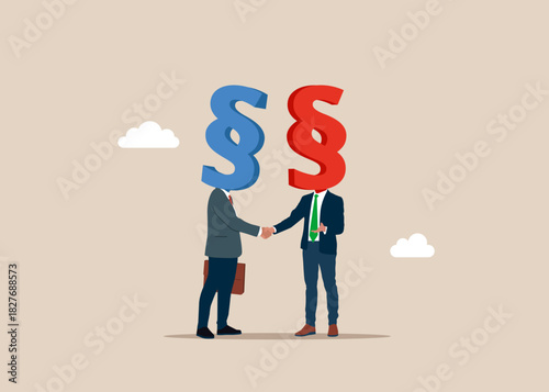 Lawyers, shaking hands, carrying paragraph symbol instead of a head on shoulders, justice and statute book. Vector flat illustration