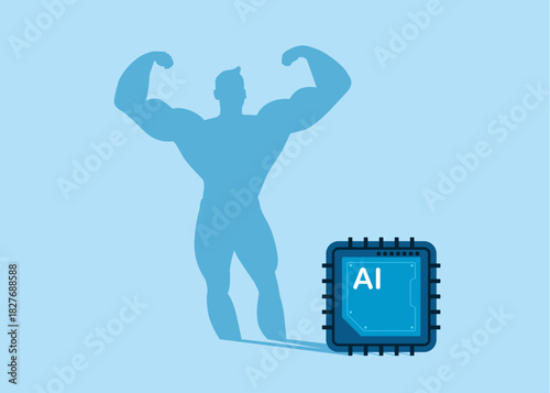 The chip AI technology dreams of becoming a bodybuilding. Confident  virtual assistant AI standing bodybuilding shadow concept illustration. Artificial intelligence visualization in human form. Vector