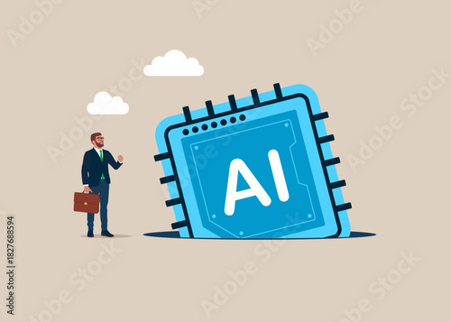 The chip artificial intelligence technology fell into a pit. Danger. Ai agent thinking and making decision metaphor. Flat vector illustration 