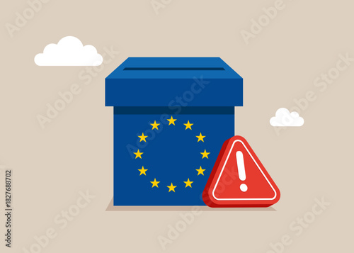 Election box with exclamation attention sign. Prohibition on voting in European Union. Seizure of paper ballots to election box. Voter bribery, dictatorship concept. Flat vector illustration