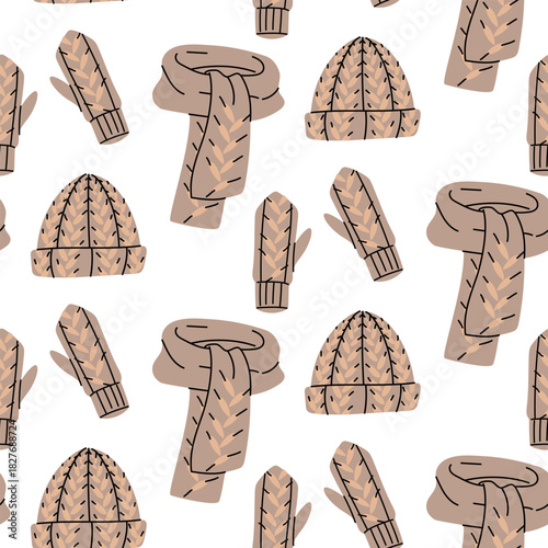 Seamless pattern with cute winter hats, scarves, gloves with beige braided knitting. Colorful flat texture. Perfect for seasonal clothing, gift packaging, cozy textiles, and cold weather promotions
