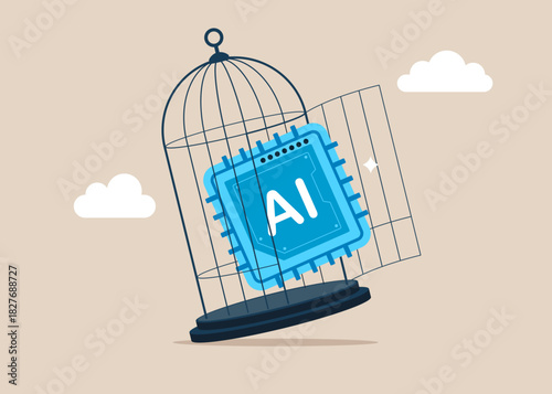 Artificial intelligence is getting out of control. Automation threats and AI challenges. Machine learning. Artificial intelligence free himself from cage. Vector flat illustration