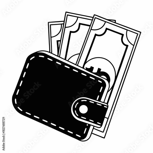 Black Wallet with Dollar Bills Icon on White Background isolated cashback