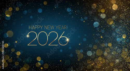 2026 Merry Christmas and Happy New Year Abstract Shiny Gold Glitter Decoration. Festive Background. Vector design element