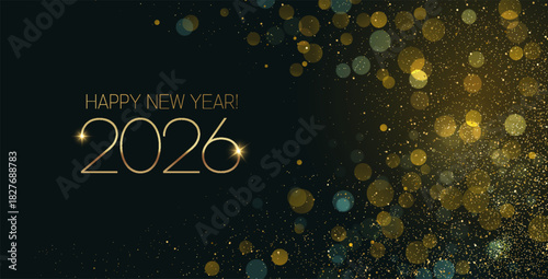 2026 Merry Christmas and Happy New Year Abstract Shiny Gold Glitter Decoration. Festive Background. Vector design element