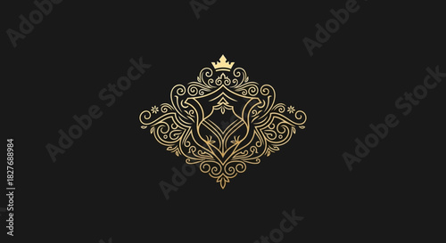 An elegant gold royal crest with a crown and ornate flourishes on a black background.