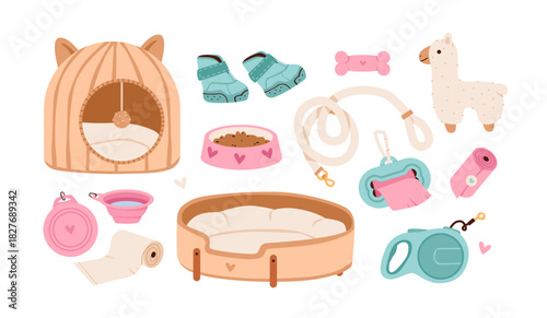 Cute pet accessories and supplies collection. Pssentials including bed, bowl, leash, toys, boots, waste bags, and accessories in soft pastel colors.