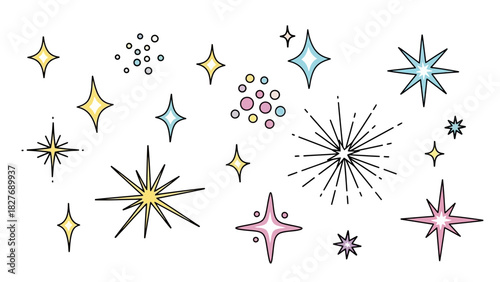 A whimsical collection of colorful hand-drawn twinkling stars, sparkling glitter bursts, and shining decorative icons set