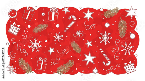 Festive Holiday Red Background with White Christmas Ornaments, Snowflakes, and Pine Sprigs