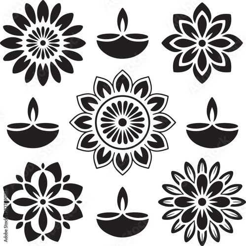 Diwali Decorations with Flowers and Oil Lamps Black and White Vector