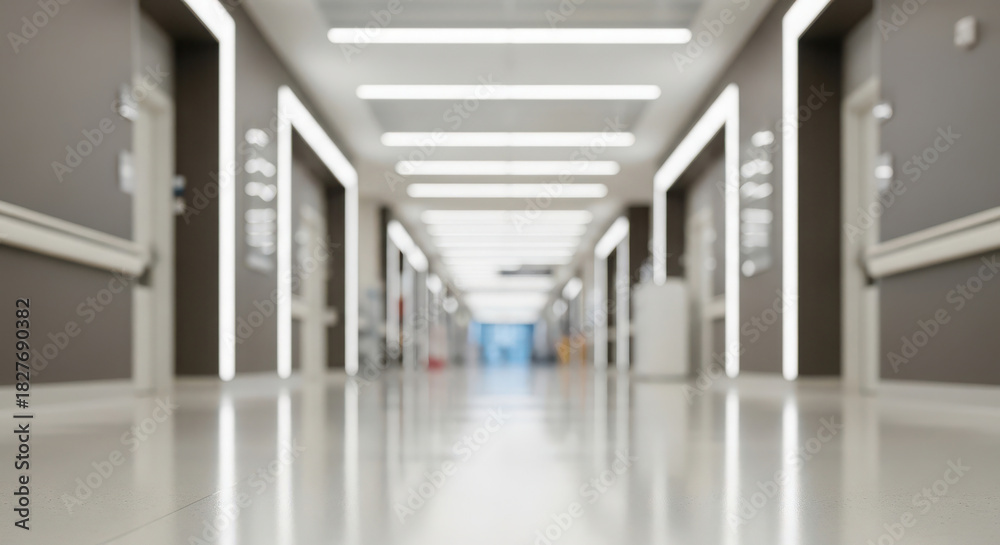 Fototapeta premium Modern hospital corridor with bright lights, clean floor, and doors