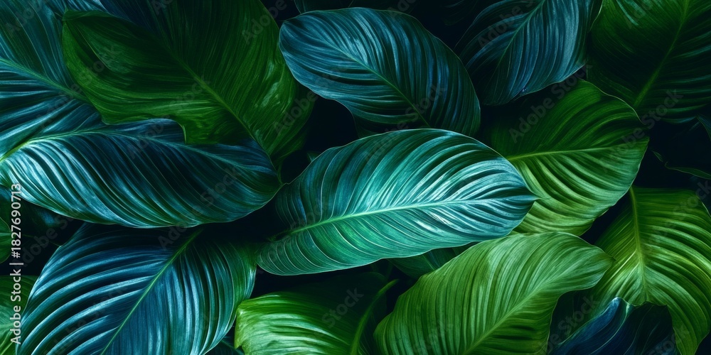 Fototapeta premium Lush Green Plants Backdrop with Beautiful Spathiphyllum Flora for Natural Home Interior Aesthetic